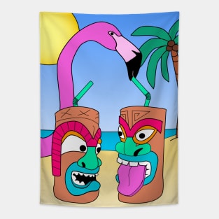 Funny Pink Flamingo and Tiki Drink - Summer Vibes Tapestry