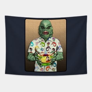 Tiki Creature w/ gold thatch background Tapestry