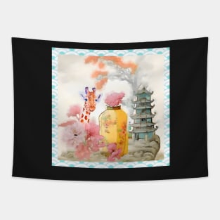 Chinoiserie with pagoda and curious giraffe Tapestry