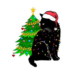 Black Cat christmas light tshirt funny cat lover christmas T-Shirt