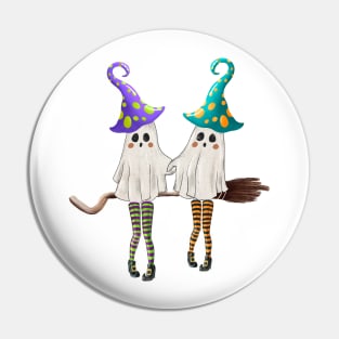 Retro Ghost Witch In 3-Color Long Stockings Gossips On The Broom Halloween Pin