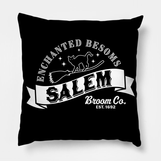 Salem Broom Company Est 1692 Halloween Witch Black Cat Pillow by OrangeMonkeyArt