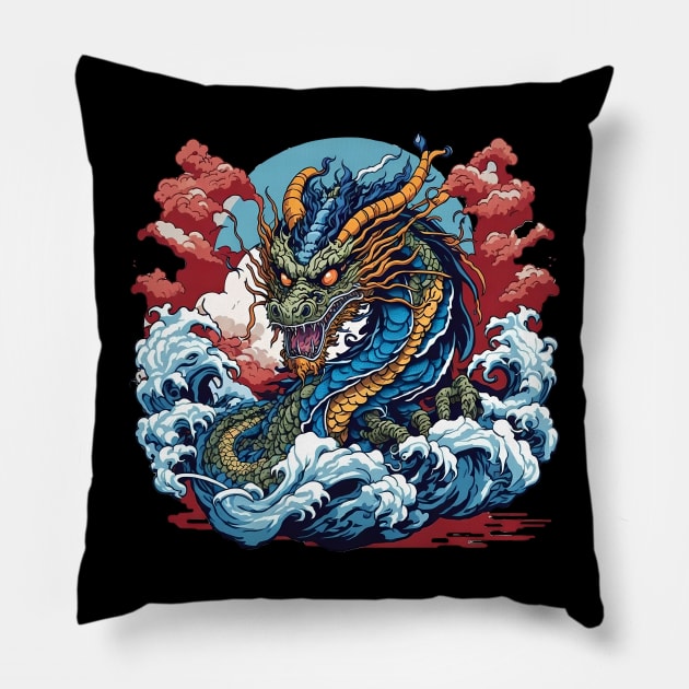 Dragon against the backdrop of a setting sun bathed in ocean waves Pillow by T-Shirt Paradise