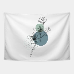 Minimal floral line art with blue circles background Tapestry