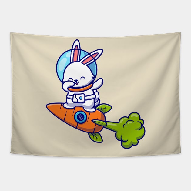 Cute Rabbit Astronaut Dabbing And Flying With Carrot Rocket Tapestry by Catalyst Labs