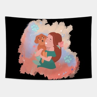 Dog Mom Cuddling Puppy Tapestry