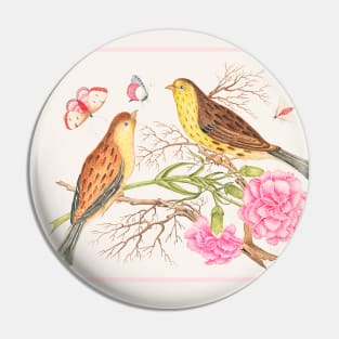 Two Brown and Yellow birds on Branches with Carnations (18th Century) Pin