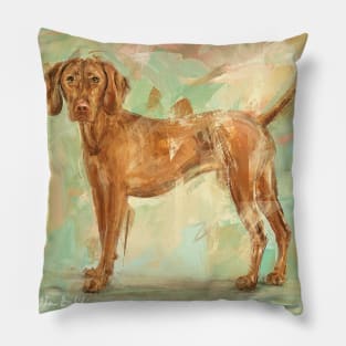 Grungy Painting of a Vizsla on Green Background Pillow