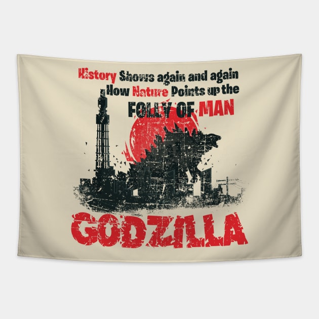 Go, Go Godzilla distressed Tapestry by woodsman