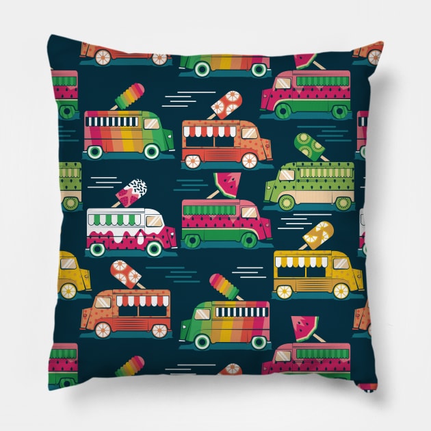 Frutalicious ice cream trucks // pattern // navy blue background multicolored fruit popsicles Pillow by SelmaCardoso