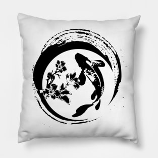 Koi fish an sakura flower in black and white background pattern Pillow