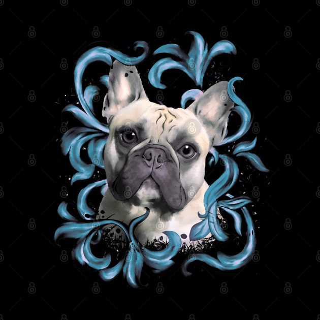 French bulldog, blue decorations leaves, frenchie lovers gift by Collagedream