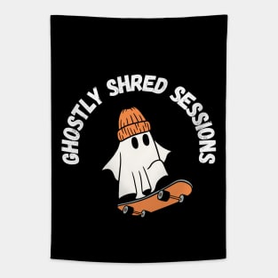 Ghostly shred sessions. Cute Halloween ghost skateboarding Tapestry