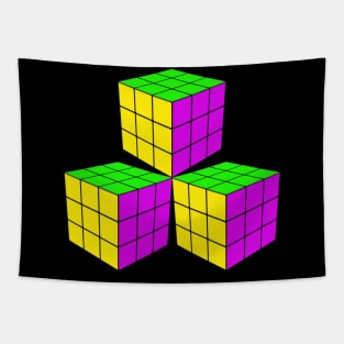 Three Rubik Cubes in a Triangle - Yellow, Green and Pink Tapestry