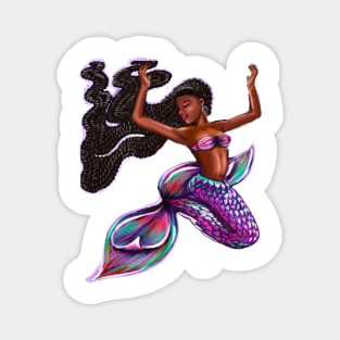 mermaid with flowing braids 2, brown eyes curly Afro hair and caramel brown skin. Black mermaid Magnet