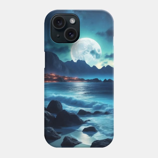 Midnight Sky Mountain Ocean Full Moon Phone Case by BaliChili