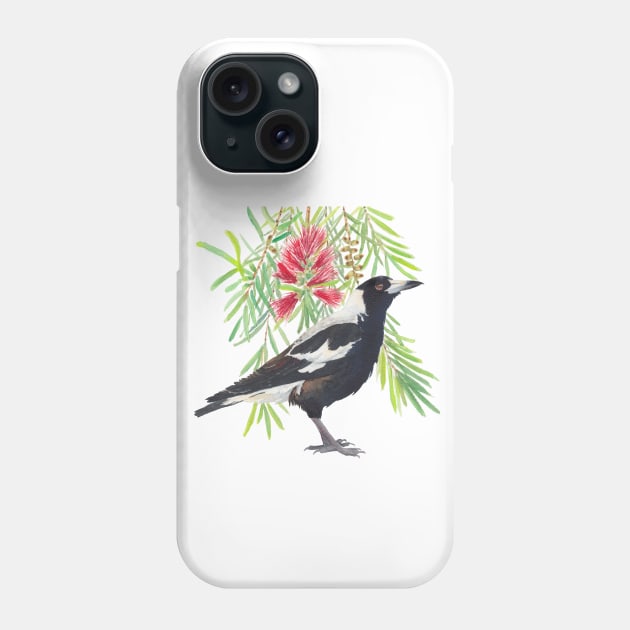 Australian Magpie and Red Bottlebrush Phone Case by ZoyaArt