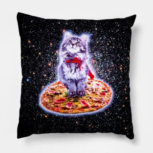 Galaxy Kitty Cat Riding Pizza In Space Pillow