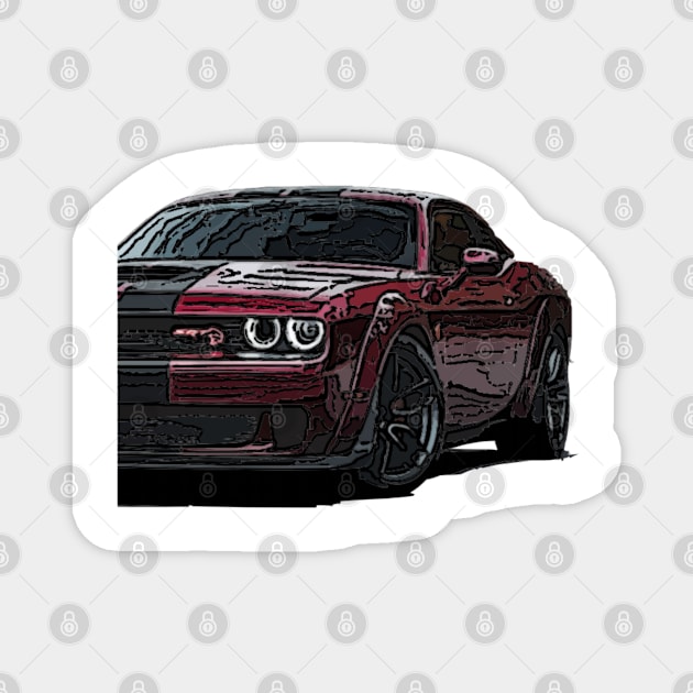 Explosive Fury: Red Dodge Challenger Fiery Front Half Body Posterize Car Design Magnet by GearHead Threads