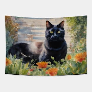 Black Cat In Garden Watercolour Cat Art Tapestry