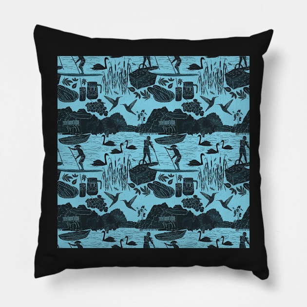 Paddleboarding block print Pillow by Kimmygowland