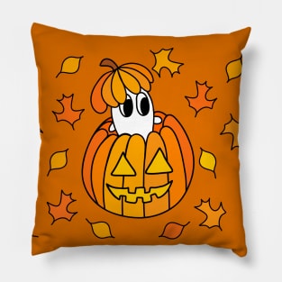 Cartoon Ghost in Jack o Lantern Pumpkin with Fall Leaves, made by EndlessEmporium Pillow