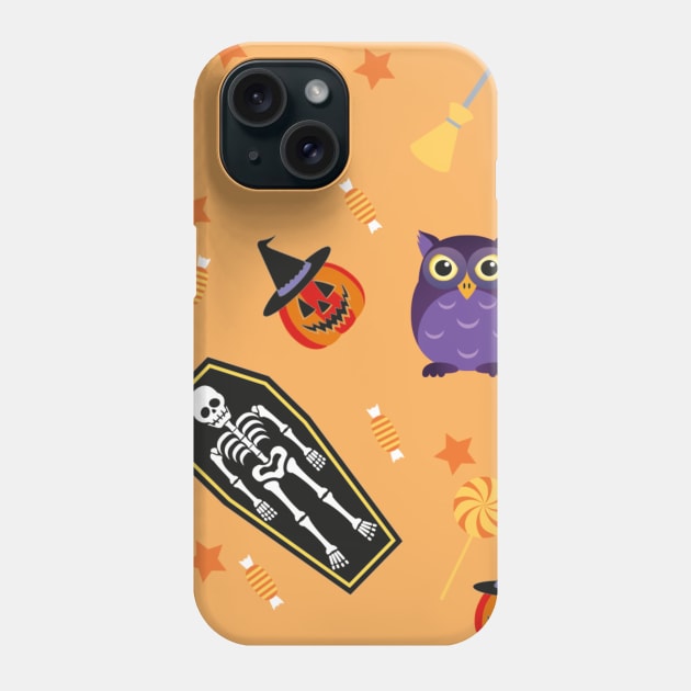 Halloween Pattern with ghost, hat , Human skeleton , owl, bat , candy, pumpkin ,Crows illustrations Phone Case by MerchSpot