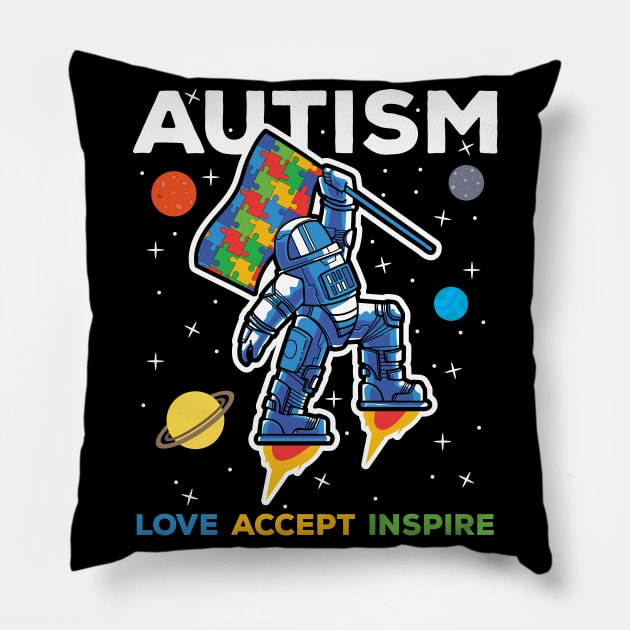 Autism Astronaut Love Accept Inspire Pillow by RadStar