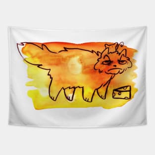 Grumpy Watercolor Cat with Cheese Tapestry