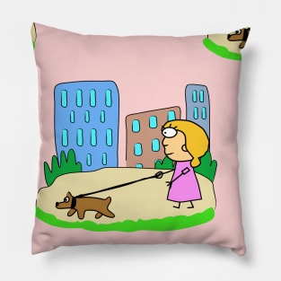 Background design pattern, girl, dog, walk, rest, fresh air Pillow