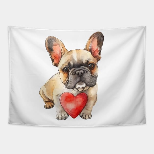 Valentine French Bulldog Holding Heart Tapestry by Chromatic Fusion Studio