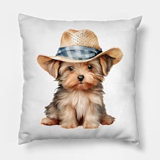 Watercolor Yorkshire Terrier Dog in Straw Hat Pillow