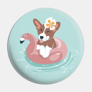 Summer pool pawty // aqua background welsh corgi dog breed in vacation playing on swimming pool Pin