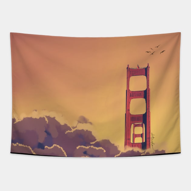 San Francisco Golden Gate Bridge Sunset Anime Scenery Tapestry by DotNeko