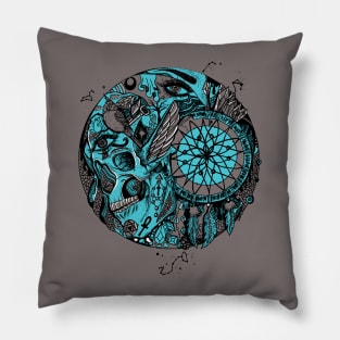 Blue Grey Skull and Dreamcatcher Circle Pillow