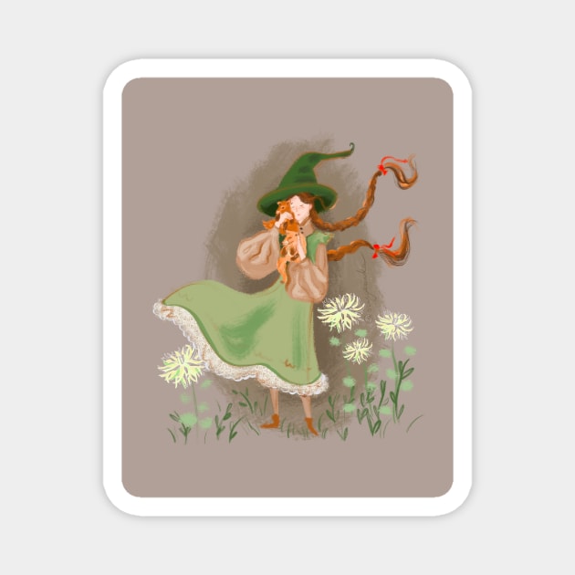 Cottage core witch with fox cubs Magnet by Orangerinka