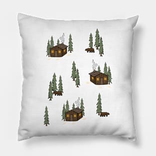 Cosy Cabin in the Woods with Bears Digital Pattern Illustration Pillow