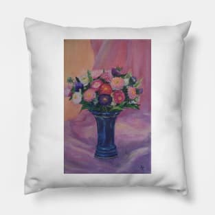 A small bouquet of asters in a blue vase Pillow