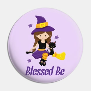 Wicca Witch Design Blessed Be Pagan Gift Shirt Mug Decor Halloween Witch on a Broomstick Design Pin