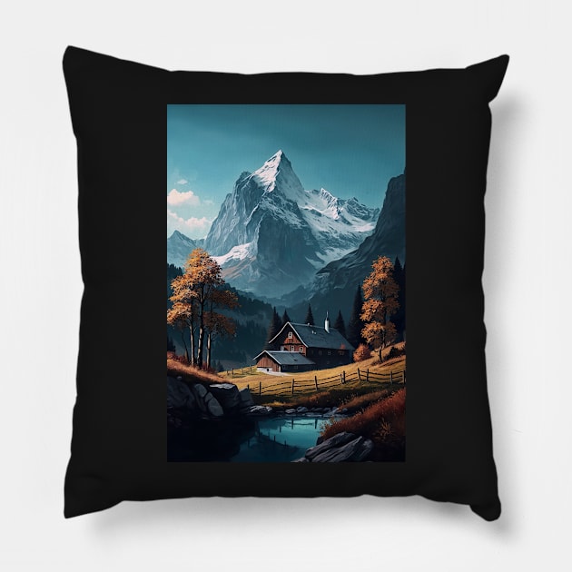 Switzerland Mountain Landscape Home Drawing Pillow by unrealartwork