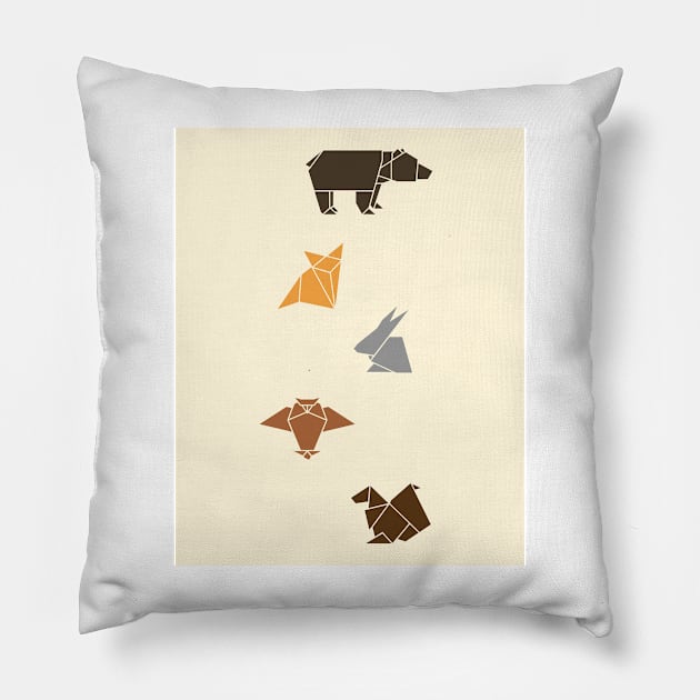 Forest animals origami print, wildlife geometric design, bear, fox, squirrel, rabbit, owl Pillow by KINKDesign