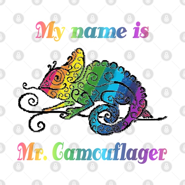 Colorful Chameleon Design with Mosaic Stripes and Rainbow Title "My Name is Mr. Camouflager" by Lighttera