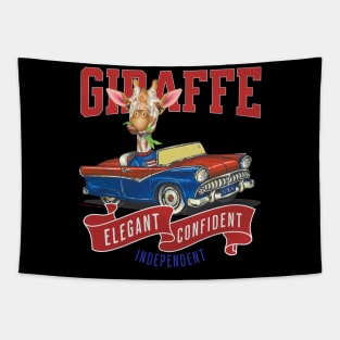 Humor funny Jerry the Giraffe driving vintage retro classic car with red white and blue banner for retro lovers automobile Tapestry