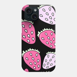 Cute Light and Dark Pink Doodle Strawberries and Hearts Pattern on Black Backdrop, made by EndlessEmporium Phone Case