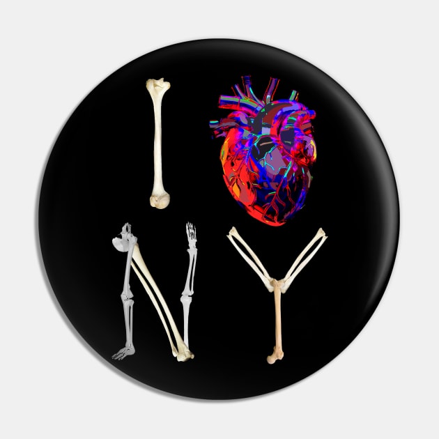 I bone NY - spooky version of I love New York with anatomical bones and art heart Pin by Asterisque