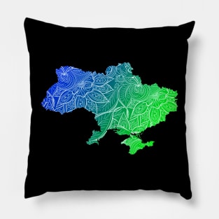 Colorful mandala art map of Ukraine with text in blue and green Pillow