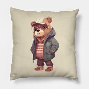 A cute teddy bear wearing street fashion Pillow