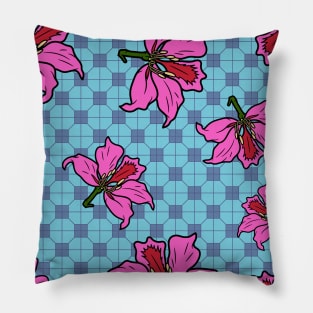 Bauhinia Flower with Turquoise Tile Floor Pattern - Summer Flower Pattern Pillow