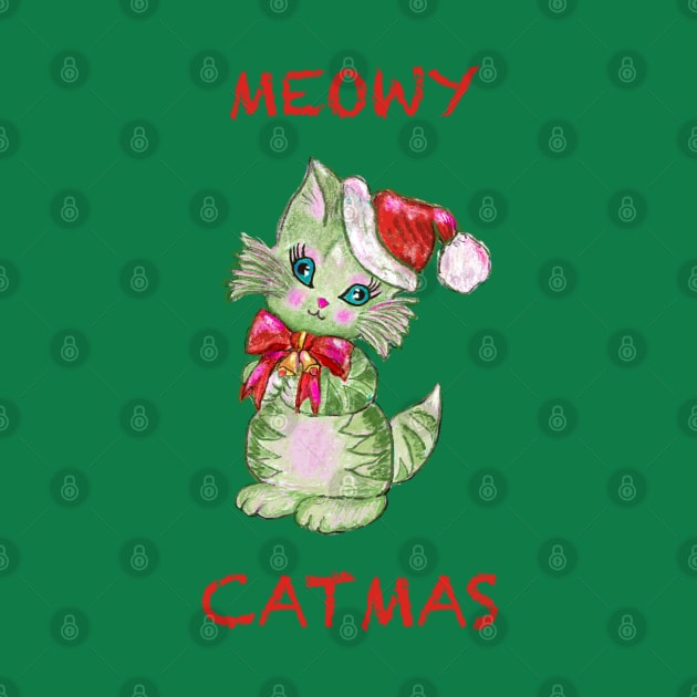 Meowy Catmas stripped tabby cat with santa hat by Peaceful Pigments