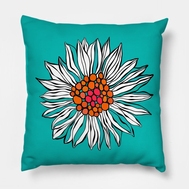 White Teal Orange Red Daisy Flower Pillow by CatyArte